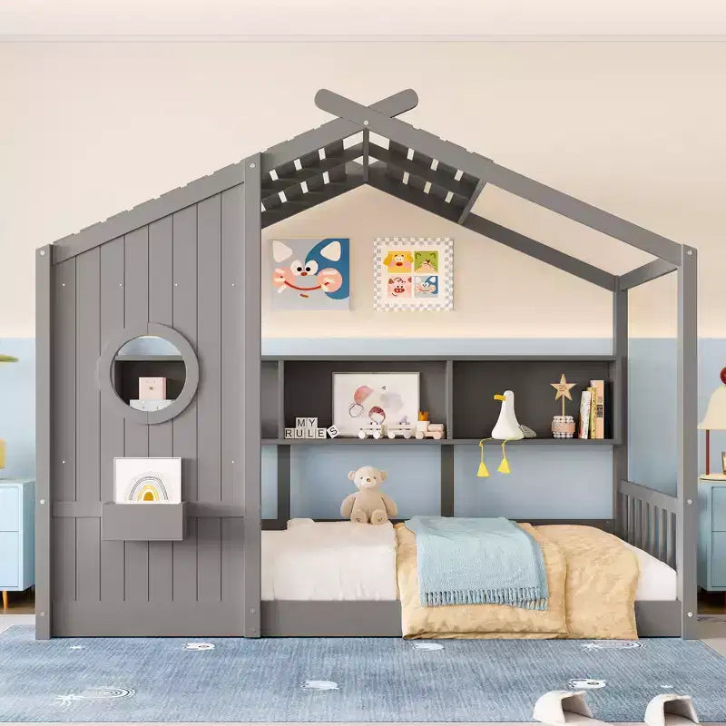 Twin/Full Size Hausbett Plattform-Bettrahmen Kleinkind-Bodenbett Kinder Montessori Bett Spielhausbett mit Ablagefach – ModernLuxe