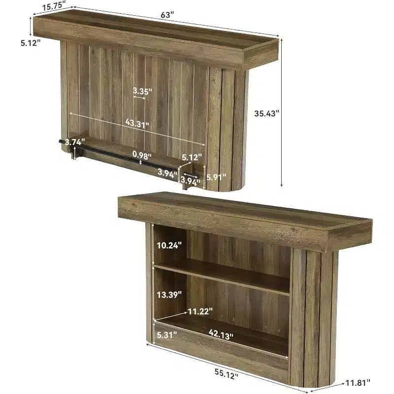 Lantine Bartisch, 160 cm langer Bartisch aus Holz mit Metallfußstütze, Stehtisch mit Ablagefächern für Wohnzimmer, Bistro, Esszimmer (Braun)
