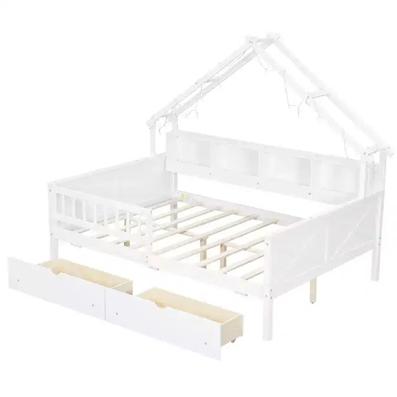 Hausbettgestell in voller Größe mit Schubladen, Haus-Plattformbett mit LED-Beleuchtung, Ablagefächern und Schubladen, Tagesbett aus Holz mit Dach und Geländer