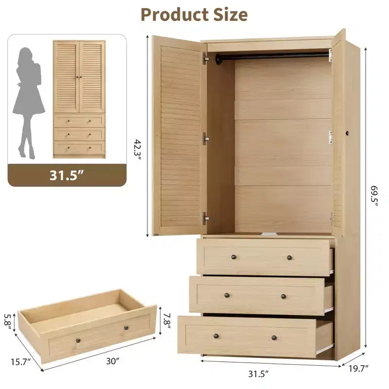 COZONY Kleiderschrank mit 3 Schubladen und 2 Türen, moderner Holzschrank für Schlafzimmer, robuster weißer Stehschrank