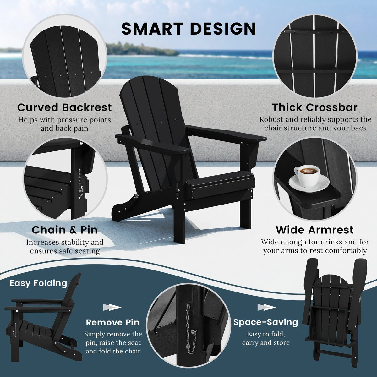 Polytrends Laguna Faltbarer Adirondack-Stuhl für den Außenbereich, wetterfest und lichtbeständig