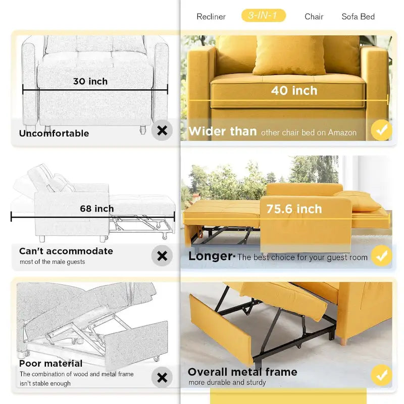 Verstellbares Schlafsofa, 3-in-1-Funktion, verschiedene Farben, für 1 Person