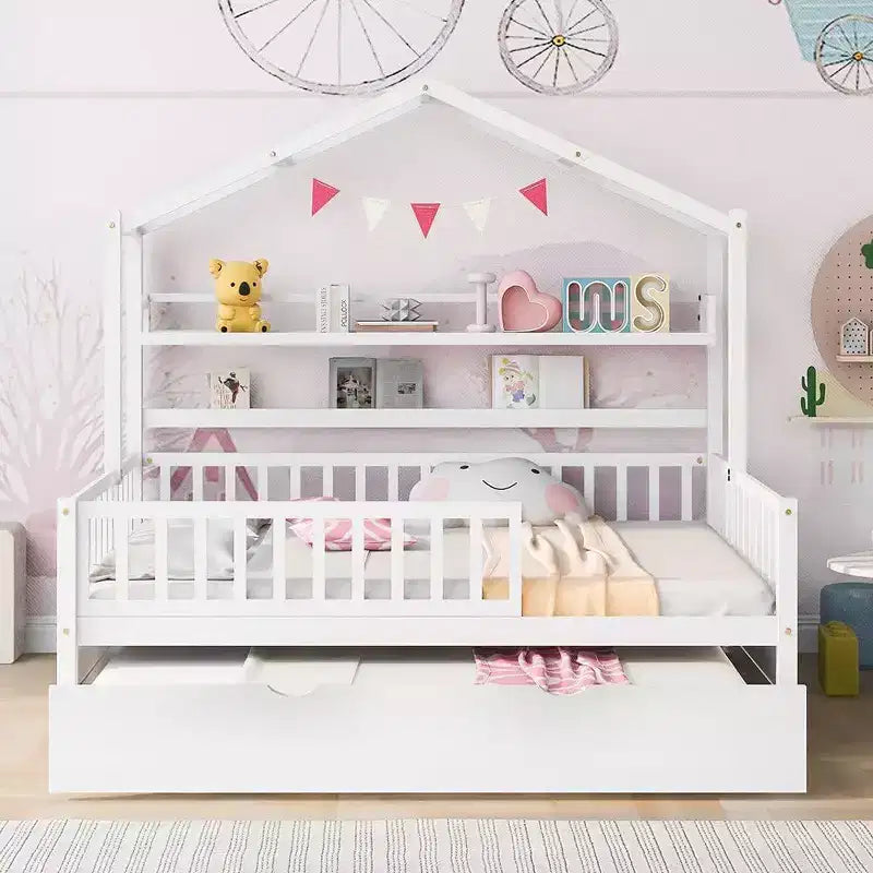 Acekool Hausbett in voller Größe mit ausziehbarem Doppelbett, Schubladen und Regalen, Dach und Zaun, Kinderplattformbett, Weiß
