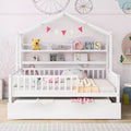 Acekool Hausbett in voller Größe mit ausziehbarem Doppelbett, Schubladen und Regalen, Dach und Zaun, Kinderplattformbett, Weiß