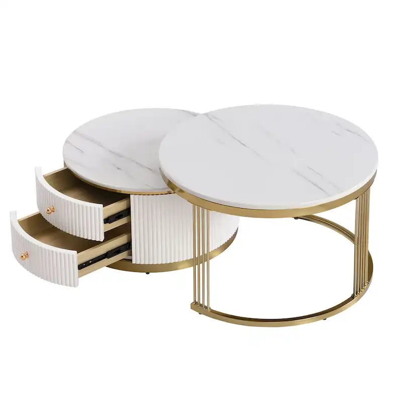 2 weiße runde Couchtische mit Schubladen im Set