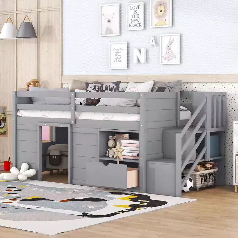 Okak Massivholz-Hochbett mit Treppe & Stauraum, Niedriges Etagenbett mit Schubladen & Regalen, Multifunktionales Hochbett für Kinder, Jugendliche