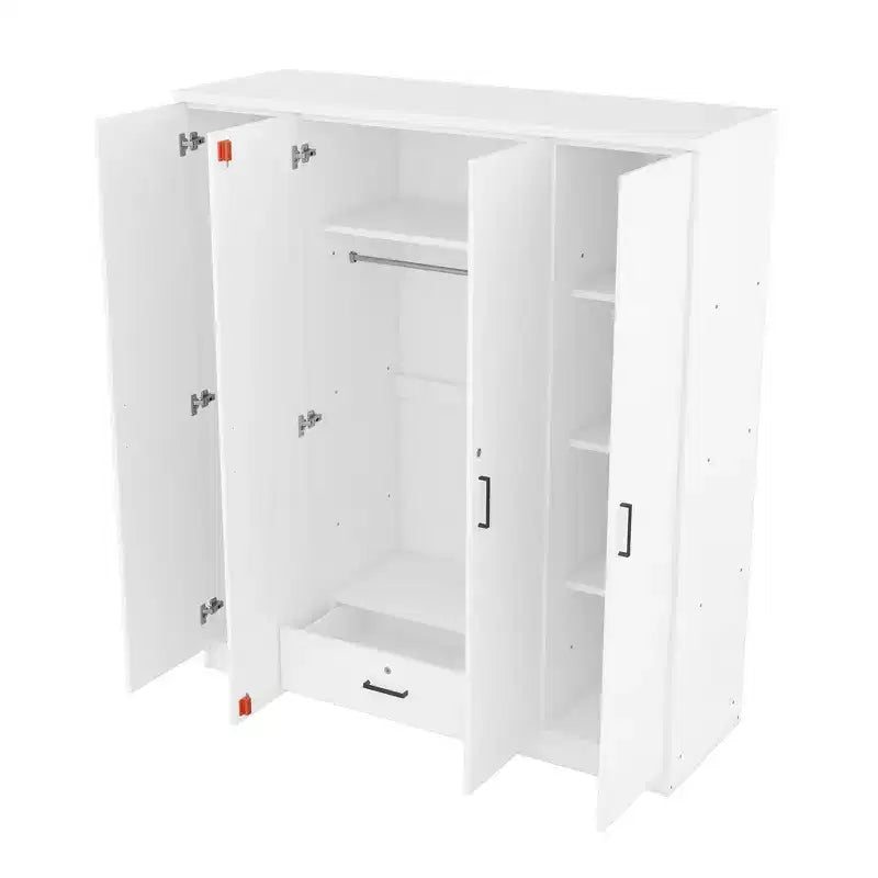 Holz-Kleiderschrank mit 4 Türen, Kleiderstange, 1 Schublade und Ablagefächern