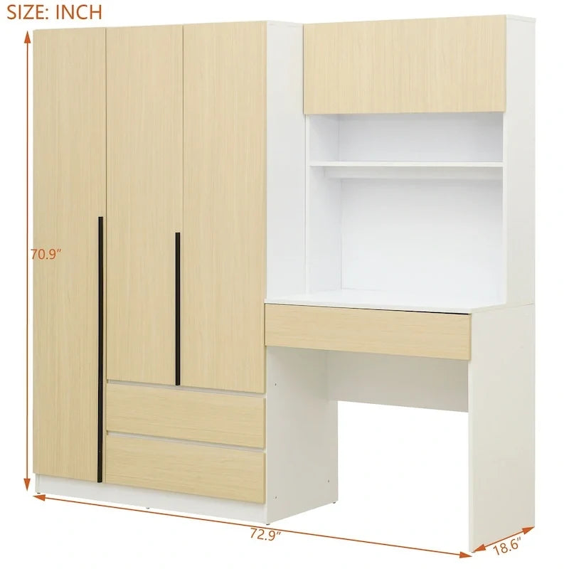 3-in-1 Kleiderschrank mit Schminktisch, Schreibtisch-Set, Schlafzimmer-Schrank mit 2 Schubladen, 3-türiger Aufbewahrungsschrank mit Schreibtisch