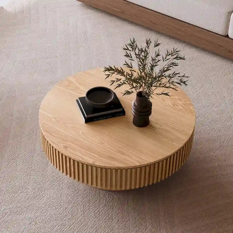 Moderner runder Couch-/Teetisch aus massivholzfurniertem Holz mit Stauraum