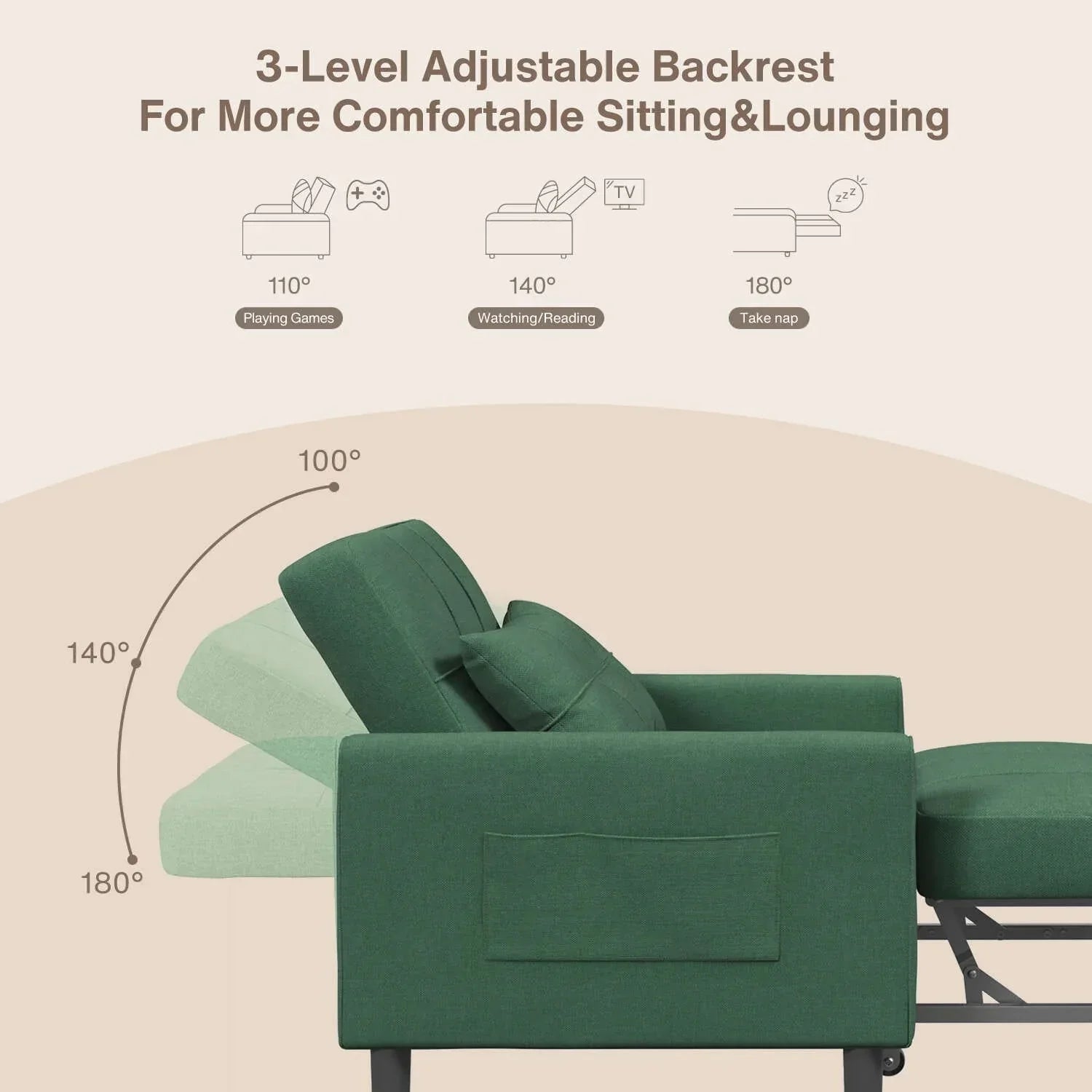 3-in-1 verstellbares Schlafsofa, ausziehbares Sesselsofa, umwandelbares Klappbett für das Wohnzimmer