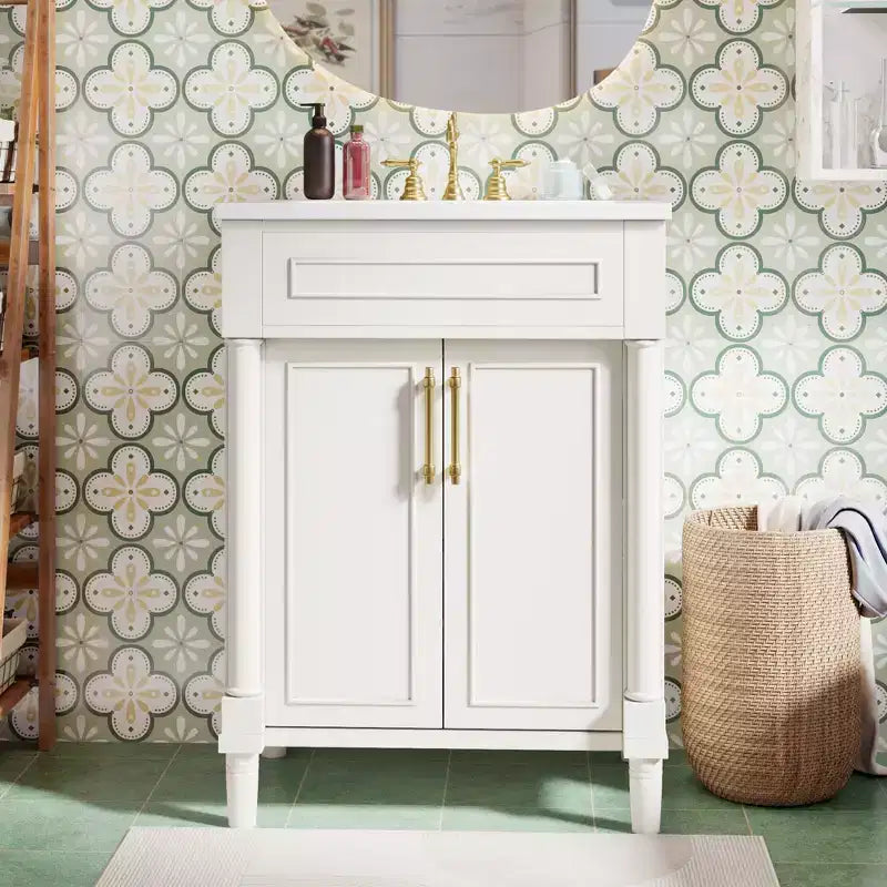 24-Zoll-Badezimmerwaschtisch mit Keramikwaschbecken, Shaker-Schrank, 2 Soft-Close-Türen, Massivholzrahmen für kleines Bad oder Gästetoilette