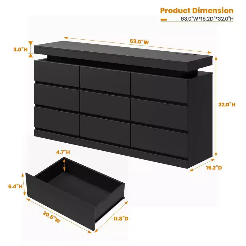 9 Schubladen Kommode für Schlafzimmer, Schubladenschrank mit Ladestation & LED-Beleuchtung, Doppel-Holz-Kleiderschrank, Moderne Kommode TV-Ständer