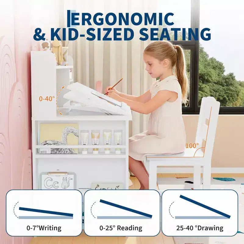 Kinder Schreibtisch & Stuhl Set mit Stauraum, Kinder Schreibtisch mit Aufsatz und neigbarer Platte, für 3-8 Jahre, Schreibtisch für Studenten im Schlafzimmer