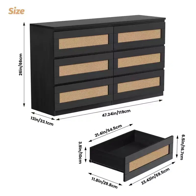 Rattan-Kommode für Schlafzimmer mit 6 Schubladen, 47" moderne Farmhouse breite Kommode, Holz-Aufbewahrungsschrank-Organizer für Kleiderschrank, Wohnzimmer, Flur