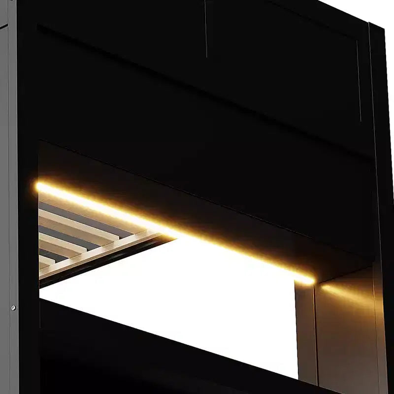 Holz-Gaming-Etagenbett in voller Größe mit integriertem Schreibtisch, Ablageregalen, 7-farbiger LED-Beleuchtung und Ladestation, Schwarz - ModernLuxe