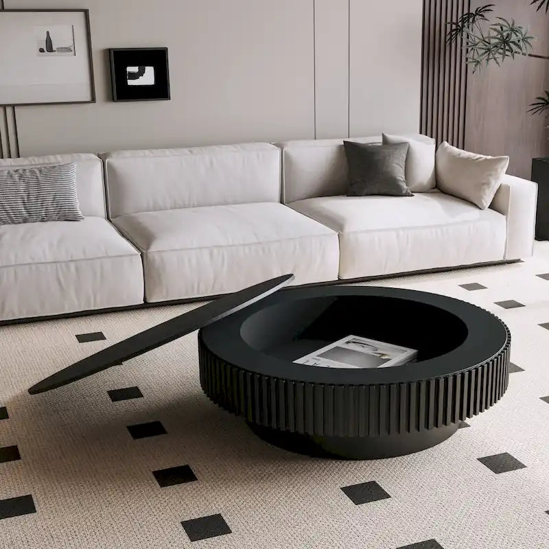Moderner runder Couch-/Teetisch aus massivholzfurniertem Holz mit Stauraum