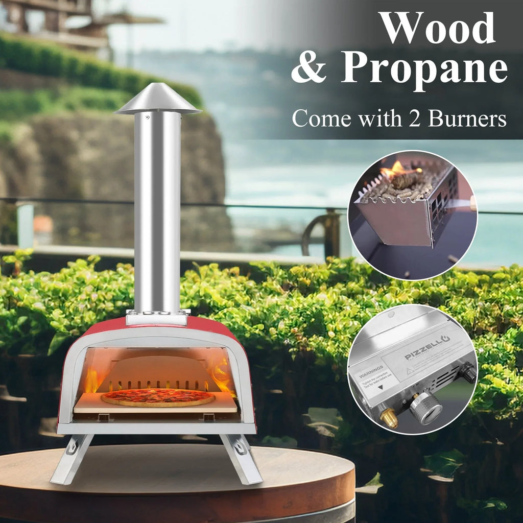 Multi-Brennstoff Outdoor Pizzaofen Steinbackofen mit Gasbrenner & Holzfach - 30 cm