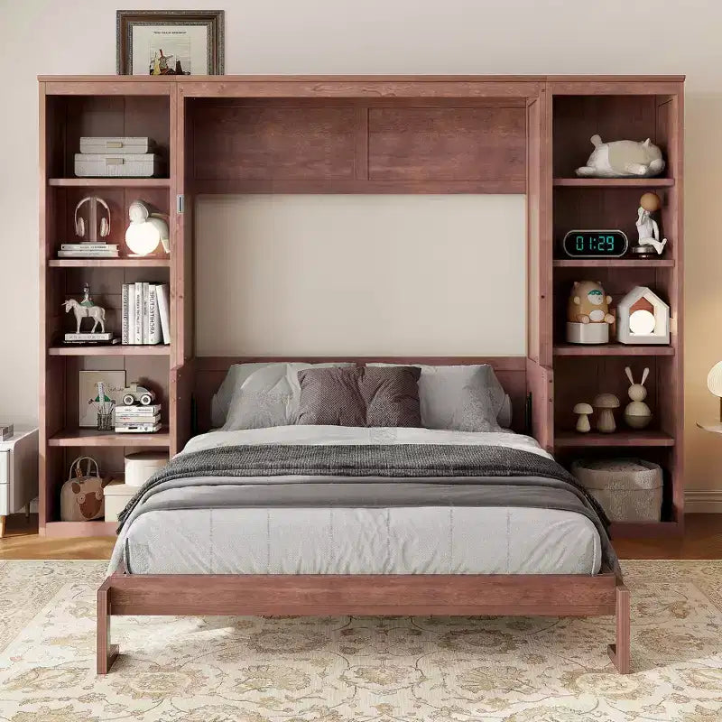 Wandklappbett für Doppel-/Queensize-Betten, platzsparendes Wandbett mit Schreibtisch und Bücherregal, Dunkelbraun – ModernLuxe