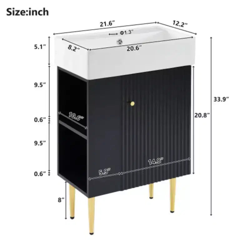 21.6 weißer Badezimmer-Waschtisch, Kombi-Schrank, Badezimmerschrank, Einzelkeramikwaschbecken, Stauraum auf der linken Seite