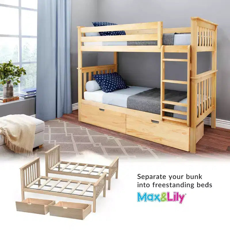 Massivholz-Etagenbett für Kinder (Twin über Twin) mit Schubladen unter dem Bett