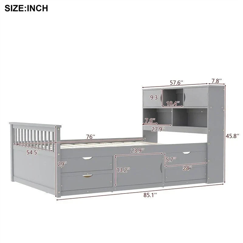 Doppel-/Full Size Captains-Plattformbett mit 4 Schubladen und Ablageflächen, Massivholz-Bettrahmen mit Stauraum-Bücherregal-Kopfteil