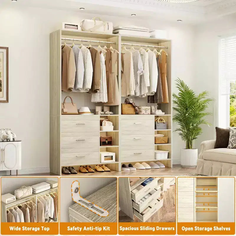 Besiost 4er-Set Kleiderschrank-Organizer mit Holzschubladen und Kleiderstangen