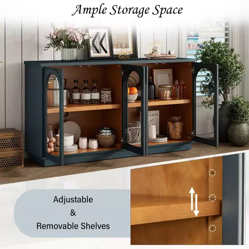Großes 4-türiges Sideboard mit Glastüren, gewölbtes Sideboard mit verstellbaren Einlegeböden für die Küche
