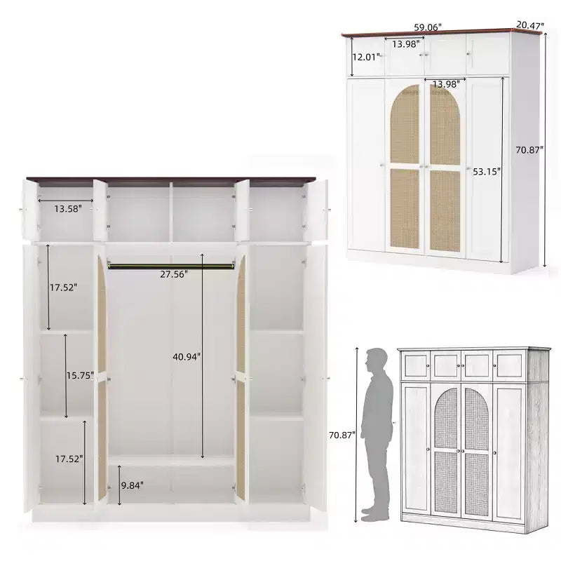 70.87Tall 8-türiger Kleiderschrank mit großer Kapazität, Kleiderstange, verstellbaren Regalböden und Rattantüren