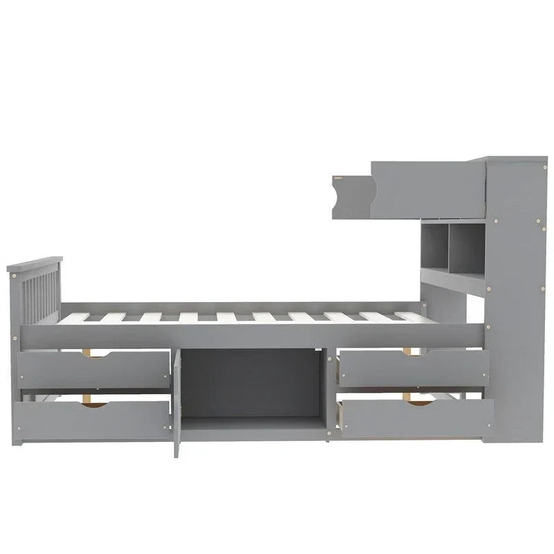 Doppel-/Full Size Captains-Plattformbett mit 4 Schubladen und Ablageflächen, Massivholz-Bettrahmen mit Stauraum-Bücherregal-Kopfteil