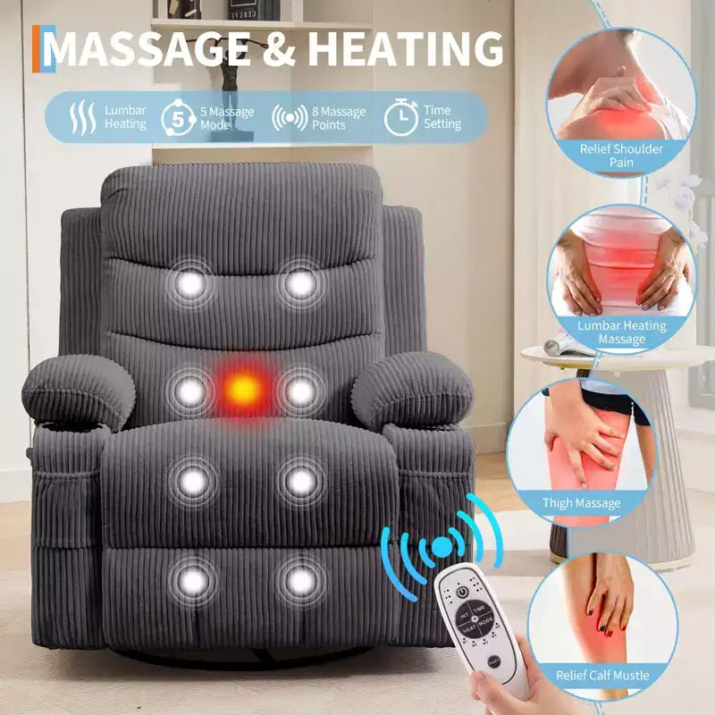 Übergroßer 360°-Dreh- und Schaukelsessel mit Massage und Heizung – Ergonomischer Loungesessel mit Getränkehaltern, Seitentaschen für Wohnzimmer, Kinderzimmer