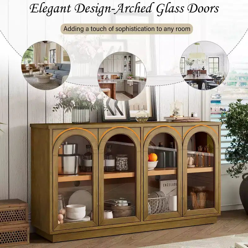 Großes 4-türiges Sideboard mit Glastüren, gewölbtes Sideboard mit verstellbaren Einlegeböden für die Küche