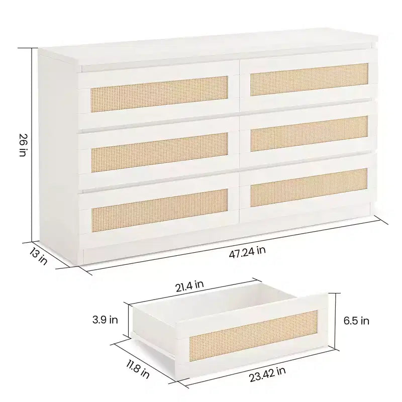 Rattan-Kommode für Schlafzimmer mit 6 Schubladen, 47" moderne Farmhouse breite Kommode, Holz-Aufbewahrungsschrank-Organizer für Kleiderschrank, Wohnzimmer, Flur