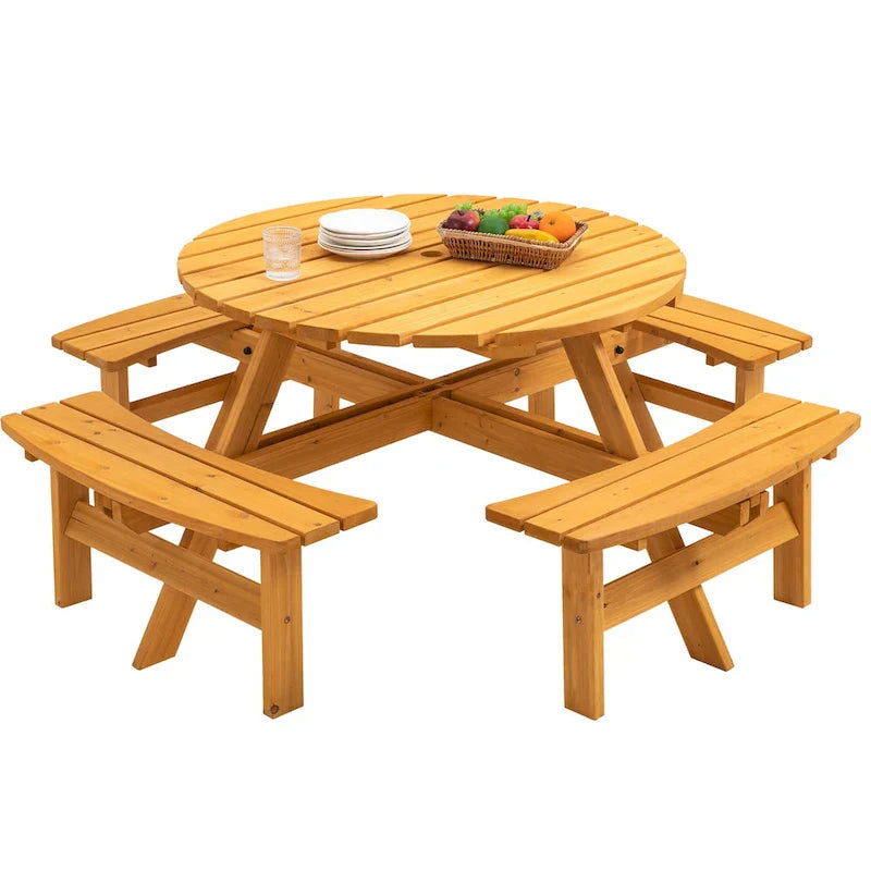 8-Personen Outdoor-Picknick-Esstisch-Garnitur aus Tannenholz, rund, mit 4 integrierten Bänken und Sonnenschirmloch