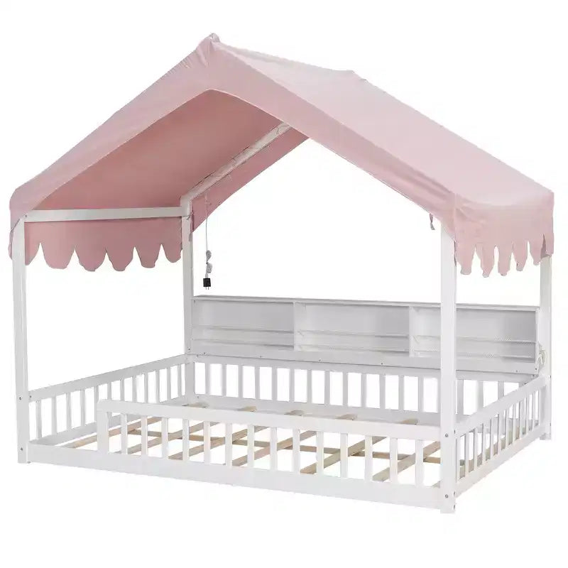 Whisen Vollholz-Bettgestell, Hausbett mit Zaun, 3 Aufbewahrungsregale, Vorhang