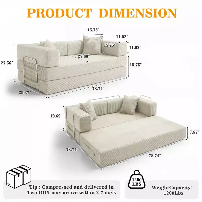 Dyonery 78 Klappsofabett, umwandelbare Kordsofa-Couch, King-Size-Bodenschläfer, 4-in-1 DIY-Kombination, modulares Sofabett, ausklappbares bequemes Sofa.