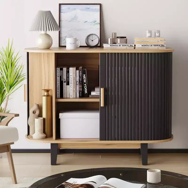 40 Zoll Geriffeltes Sideboard, Anrichte mit Schiebetür und verstellbarem Regal, Moderne Kredenz-Aufbewahrungsschränke, Rollladen-Bar-Konsolentisch