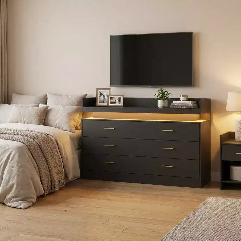 Moderner TV-Schrank mit 6 Schubladen & LED-Beleuchtung, schwebende Arbeitsplatte als Kaffeebar für Wohnzimmer Entertainment Center