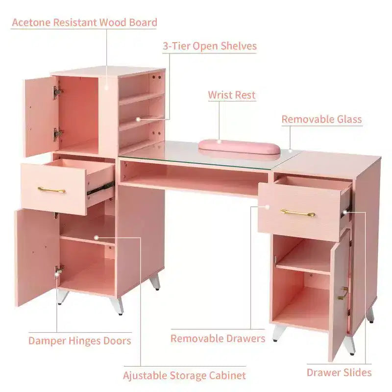 Schwarz/Pink Moderner Maniküre-Nageltisch mit Glasplatte & Handauflage, Einzelplatz