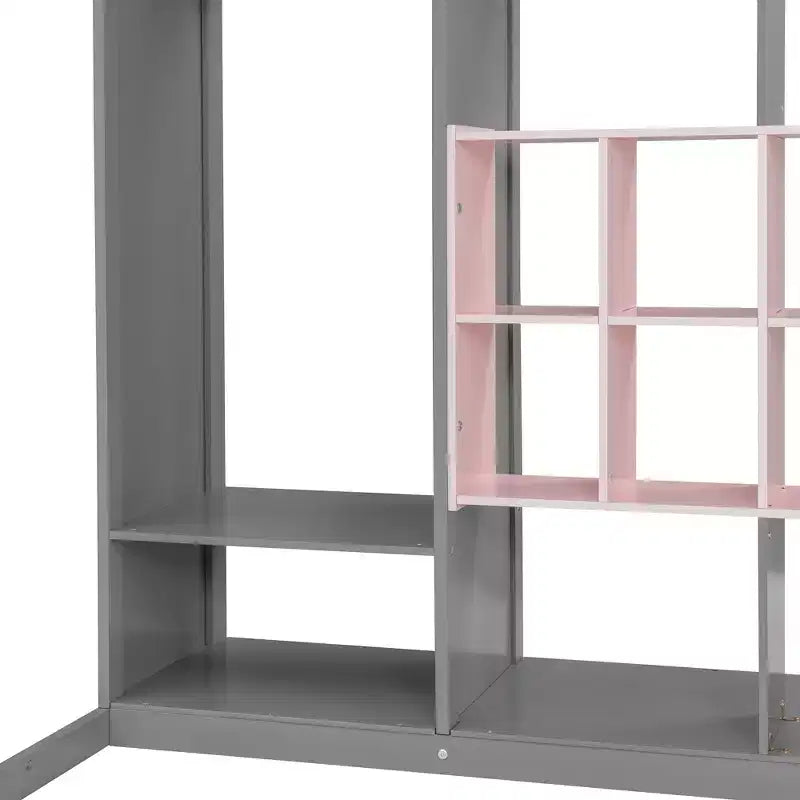 Hochbett für Kinder mit Kleiderschrank und Regalen, Holz-Hochbettgestell mit Aufbewahrungsschrank für Kinder und Jugendliche