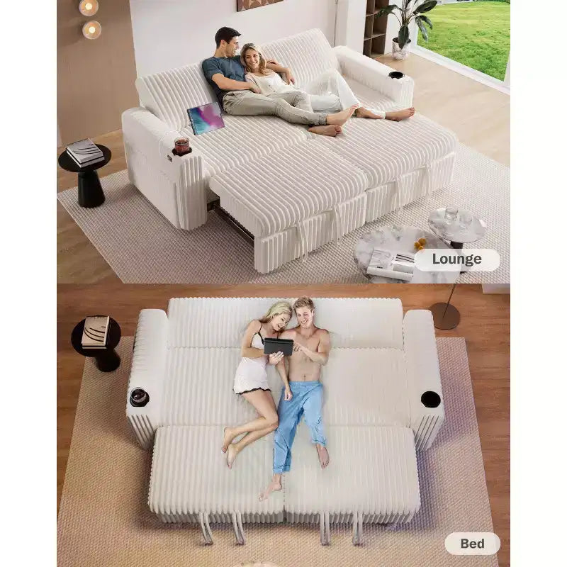 Dyonery 91 Sektional Schlafsofa mit Ausziehbett, verstellbarer Rückenlehne/zwei Ausziehbetten/USB-Anschlüssen/Getränkehaltern, Plüsch-Kordbezug