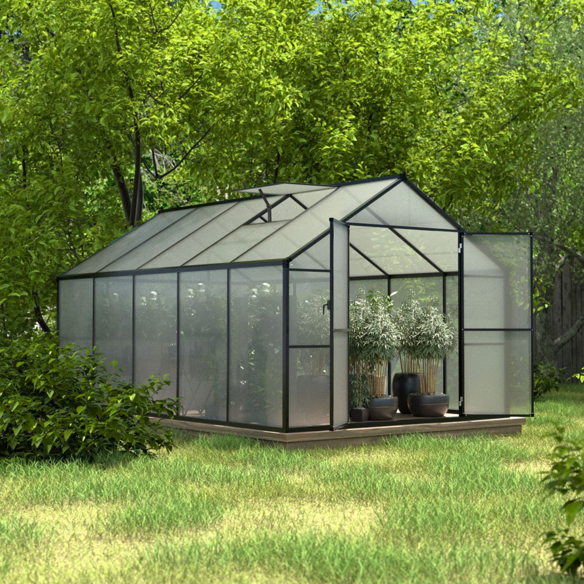 VEIKOUS Aluminium-Gewächshaus-Bausatz mit begehbarem Garten, verstellbarer Dachluke und abschließbarer Tür, Grau