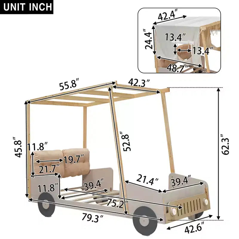 Whisen Holzbett Auto mit Kissen, Decke und LED - Natur