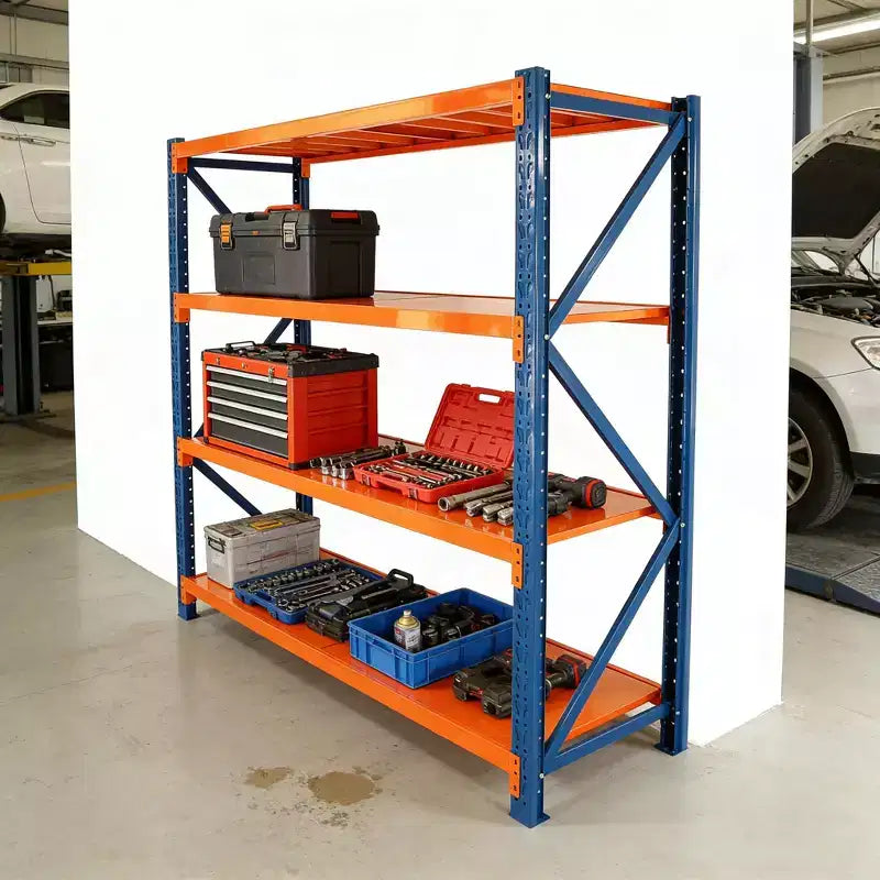 VIYET Schwerlast-Garagenregale, 4-stöckig, 2000 kg Tragkraft, verstellbares Metallregal, blau-orangefarbene Industrieregale für Geschäft/Werkzeuge/Fitnessstudio