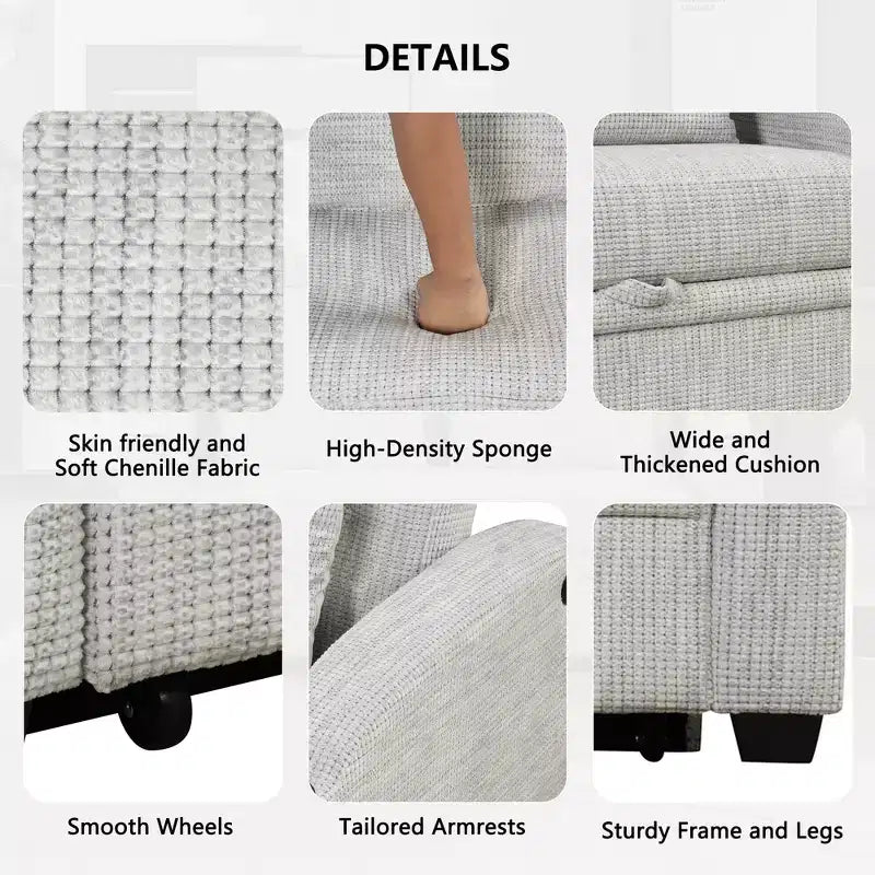 61.6 Modernes Chenille-Schlafsofa mit USB-Anschlüssen, Becherhaltern und verstellbarer Rückenlehne für Wohnzimmer, Apartment