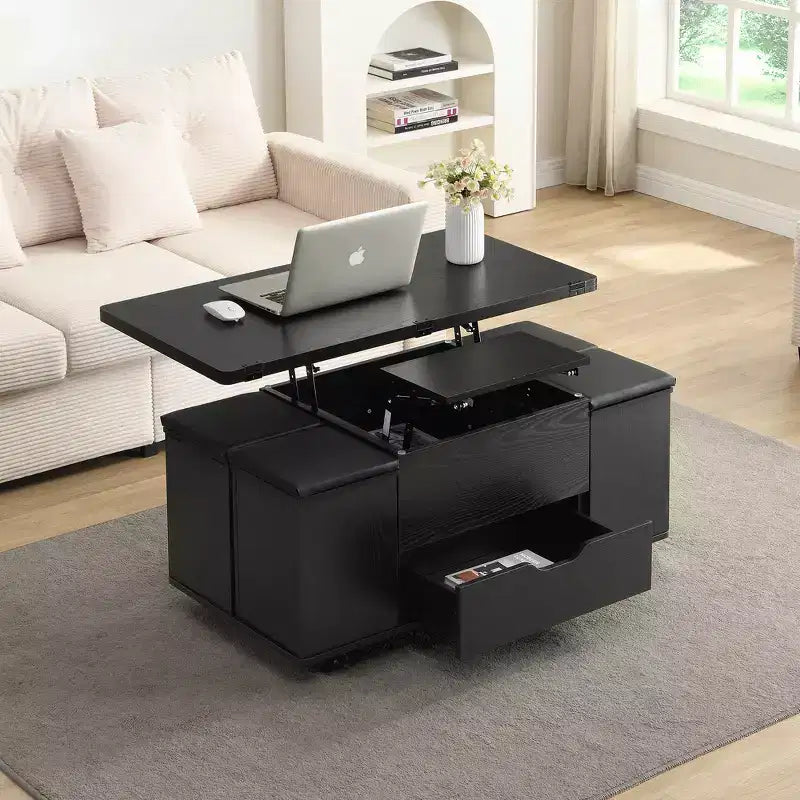 Multifunktionaler moderner Couchtisch mit Hebefunktion, verstecktem Stauraum, 4 Hockern und Rollen, perfekt für moderne Wohnbereiche