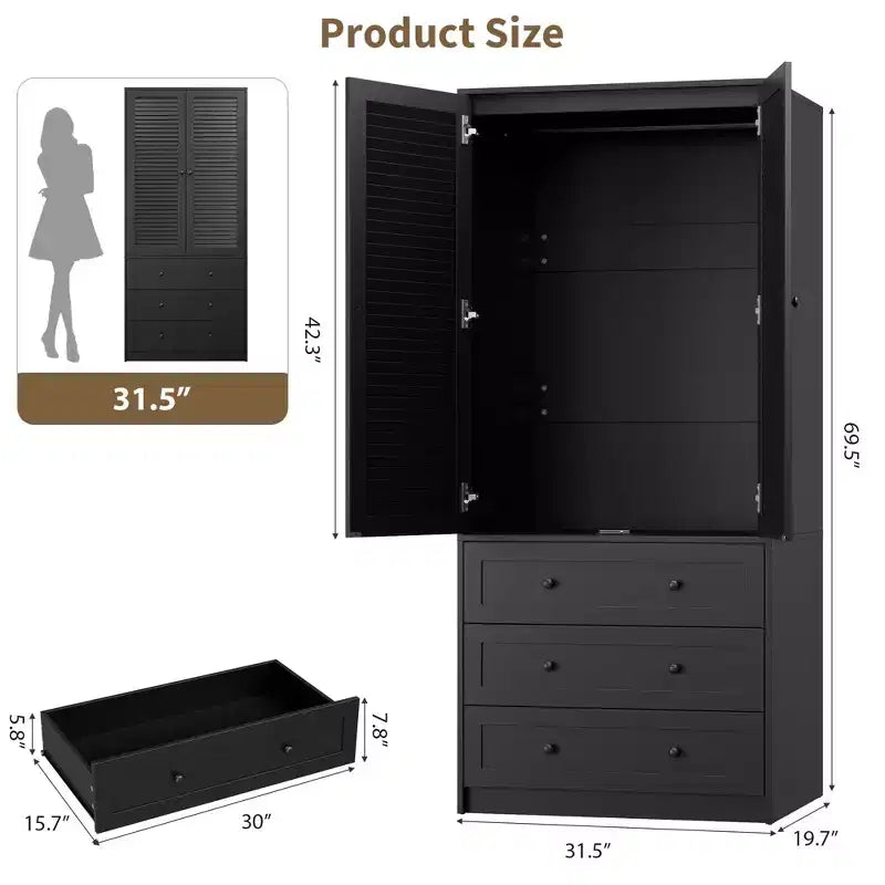 COZONY Kleiderschrank mit 3 Schubladen und 2 Türen, moderner Holzschrank für Schlafzimmer, robuster weißer Stehschrank