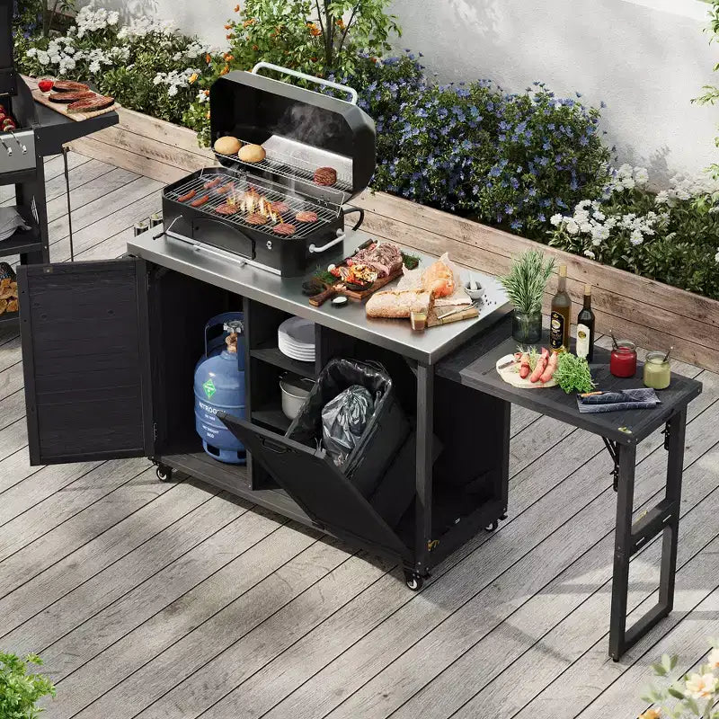 78,3 Zoll Outdoor-Kücheninsel mit Edelstahl-Arbeitsplatte, klappbarer Grillstation und Lagerschränken, Schwarz