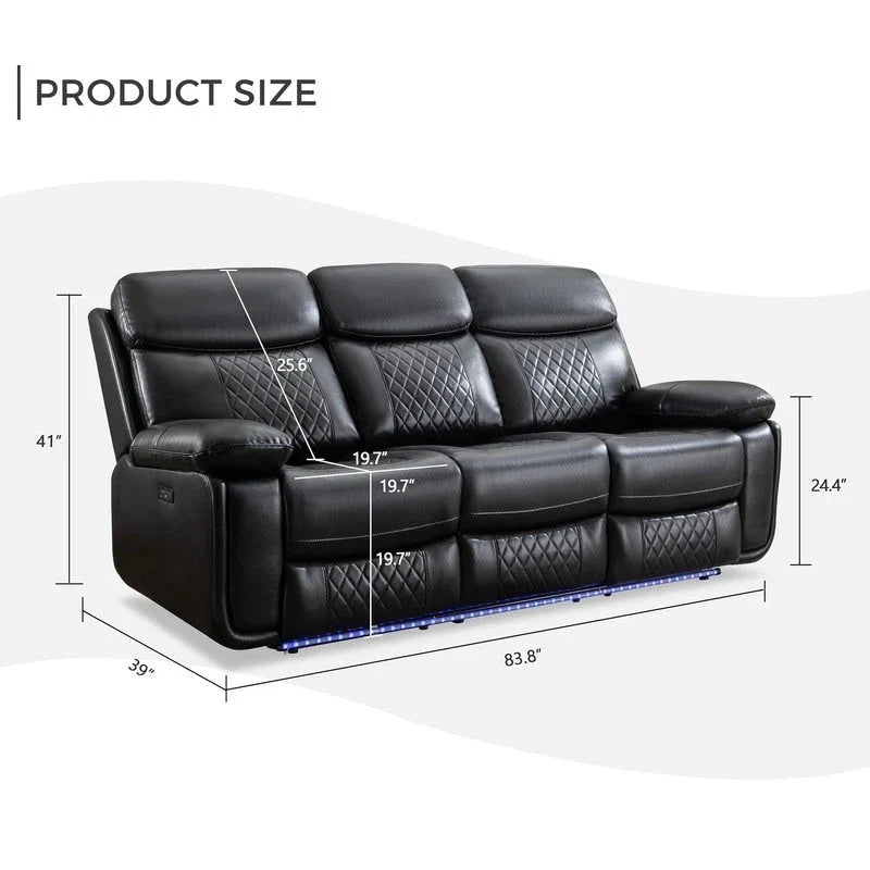 Elektrisches Liegesofa mit kabelloser Ladestation, Leselampe, LED-Beleuchtung für Wohnzimmer, Kunstleder, AC-/USB-Anschluss, Getränkehalter, Schwarz