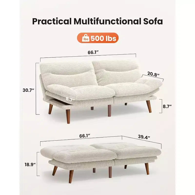 168 cm Cordsofa-Schlafsofa mit verstellbarer Rückenlehne und Armlehnen, geeignet für kleine Räume, Wohnzimmer oder Büros als Futon-Sofa.