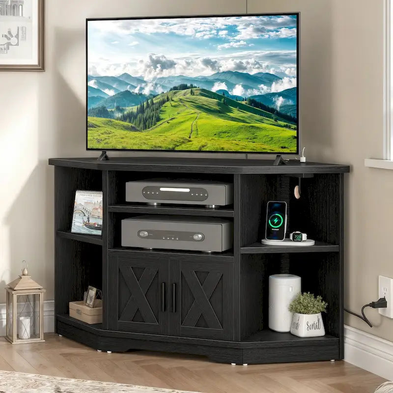 Farmhouse Eck-TV-Ständer Unterhaltungscenter Medienkonsole für Fernseher bis 55 Zoll mit Steckdose